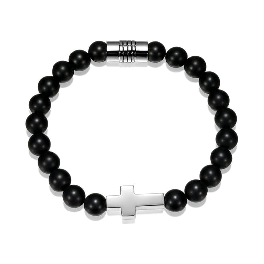 ub0022-strata-cross-matte-genuine-black-agate-beaded-bracelet-7-25-